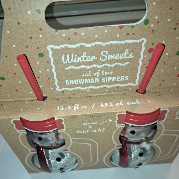 NIB - 2 Snowman Sippers Glasses 6 inches tall with Lid and straws Glass - Picture 4 of 4